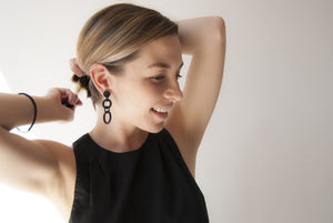 Black Three Drop Earrings by Algatite worn by Leanne Luce - 3D Printed Nylon with Sterling Silver